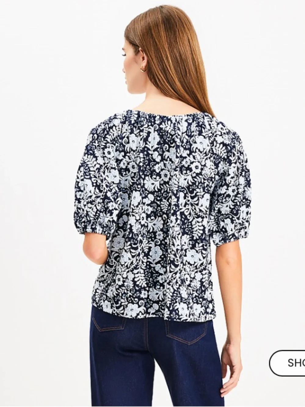 LOFT Navy and White Floral Puff-Sleeve Blouse